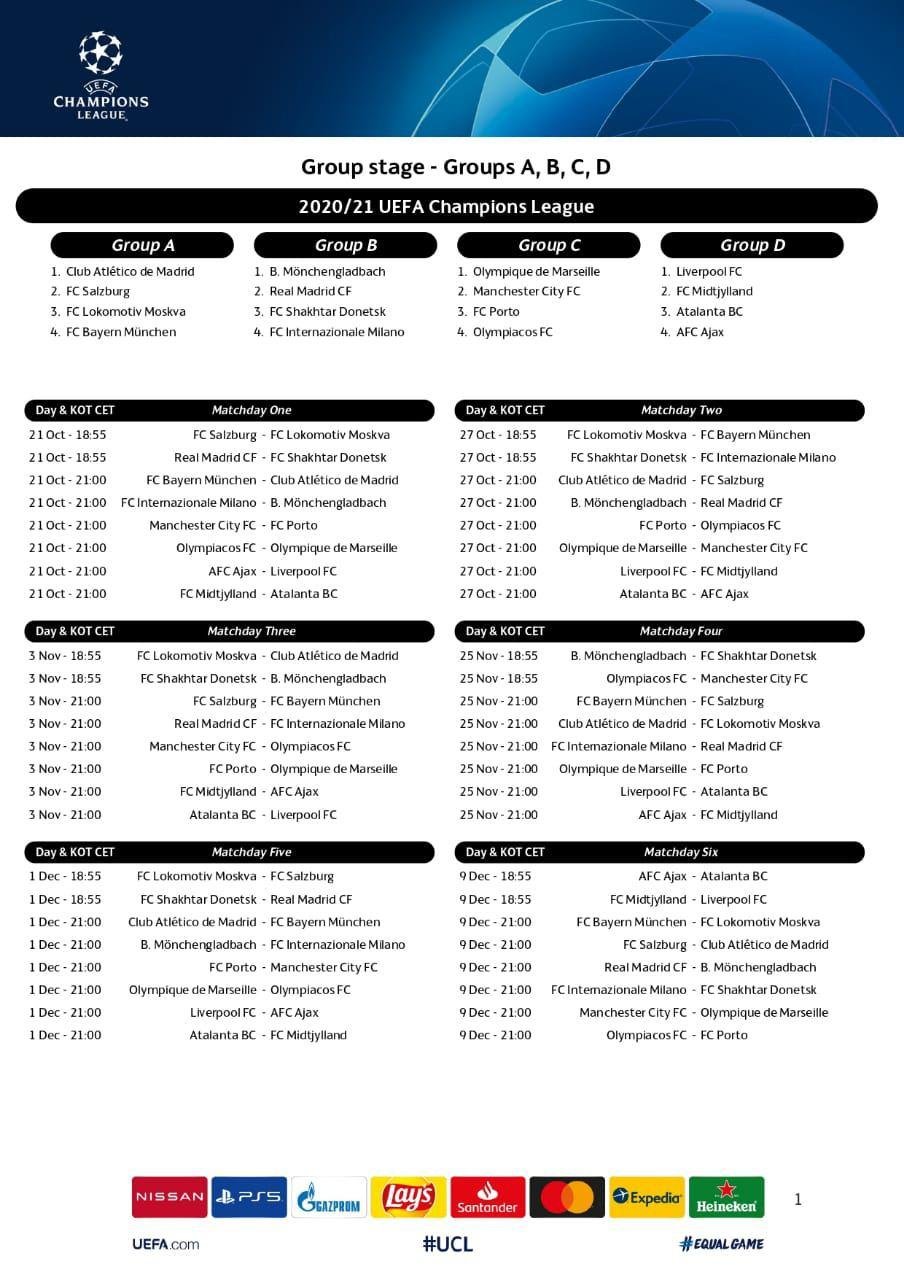 Опубликован календарь матчей Лиги чемпионов-2020/21