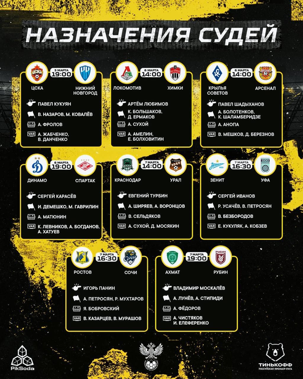 Карасев обслужит матч "Динамо" - "Спартак" и другие назначения судей на 20-й тур РПЛ